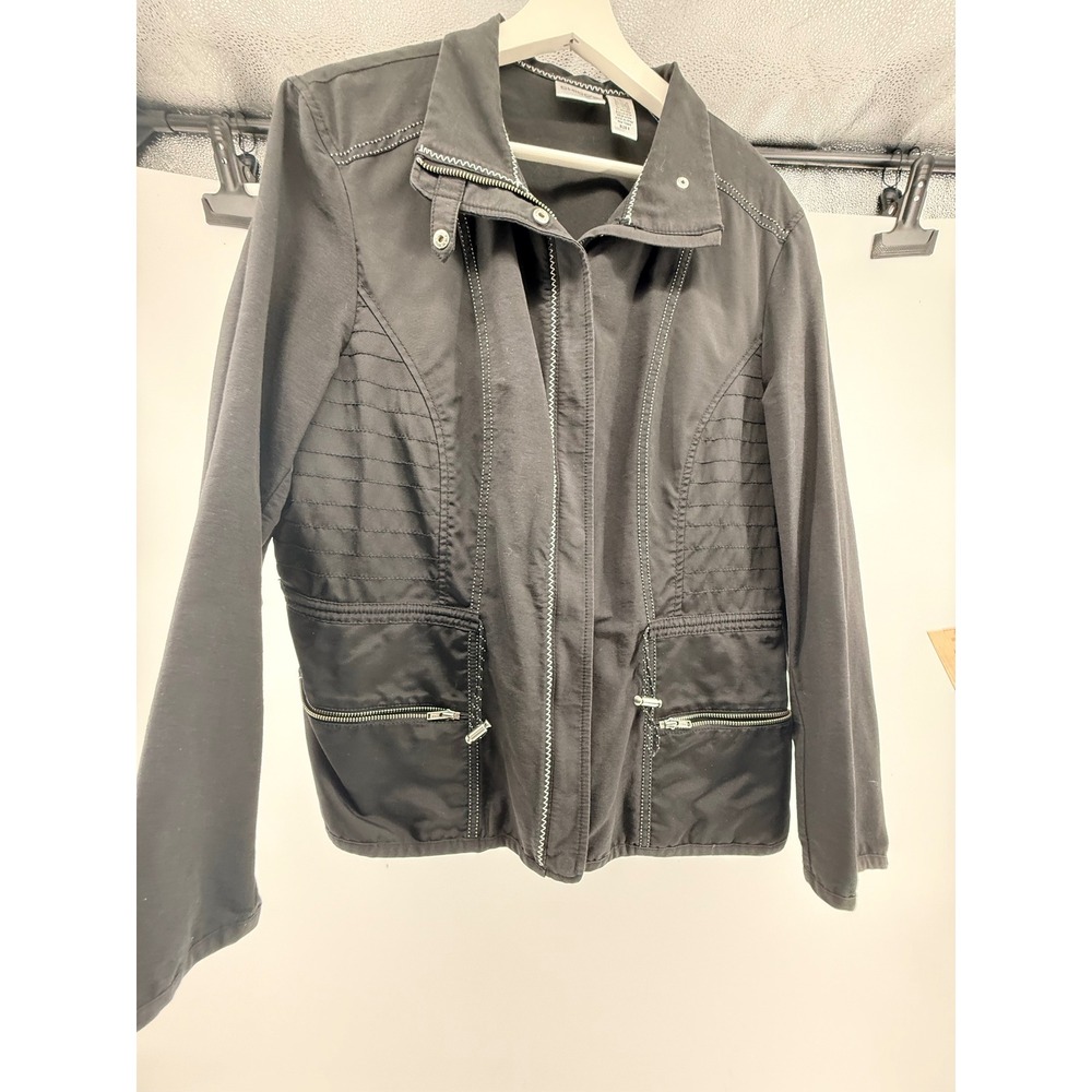 Chicos Black Contrast Stitch Zip Front Moto Jacket Size 3 Large XL
